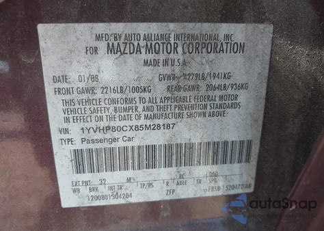 2008 Mazda Mazda6 I Sport Ve from USA, damaged, VIN 1YVHP80CX85M28187